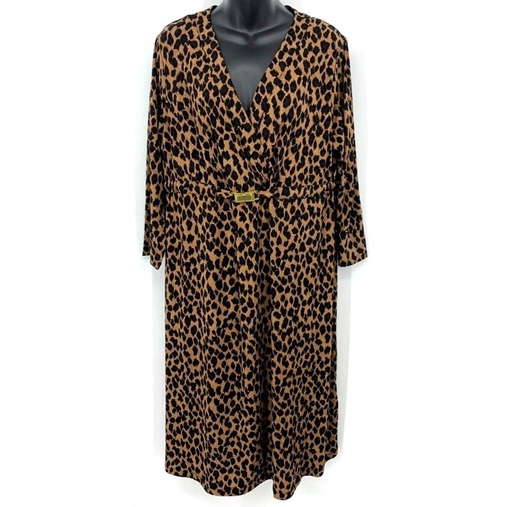 Charter Club Women Dress XL Extra Large Brown Leopard 3/4 Sleeve V-Neck Stretch